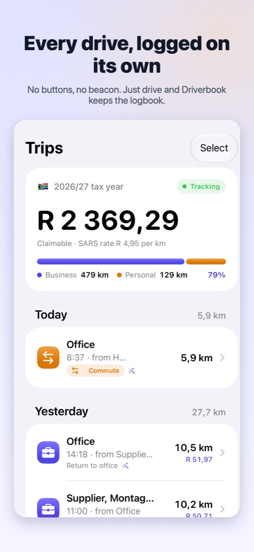 Trips screen with this year's claim and today's drives