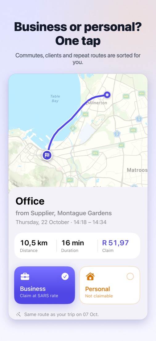 A trip on the map with Business and Personal buttons